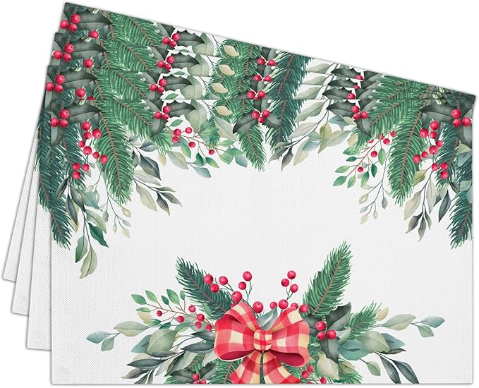 Red Berries Bow Christmas Placemats Set of 4, Dining Mat Cotton Linen Waterproof Table Mats Decor Fabric for Christmas Holiday Kitchen Dinner Table, Washable Wipeable Placemat -N038