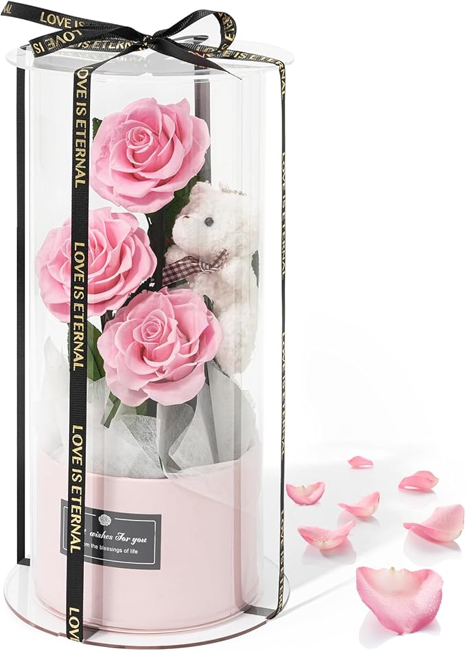 Flowers Forever Roses in A Box, 3 Real Roses with Stems and Bear, Eternal Rose Gifts for Her,Birthday Gifts for Women, Mom,Girlfriend,Grandma,Daughter,Pink