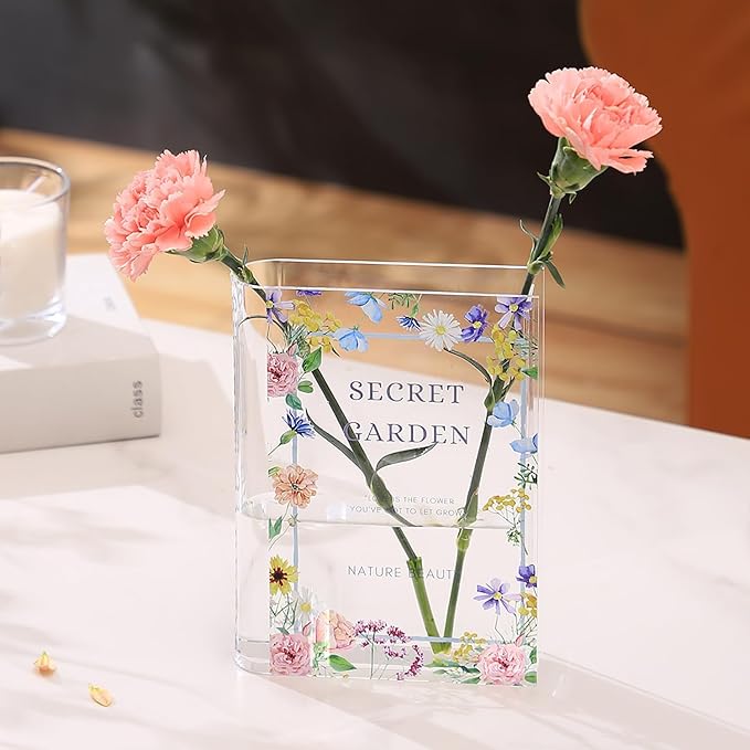 Book Vase, Acrylic Book Vase for Flowers, Book Flower Vase Clear, Book Shaped Vases, A Book About Flowers Vase, Modern Decorative Vases for Home, Office, Bedroom, Living Room, Dining Table