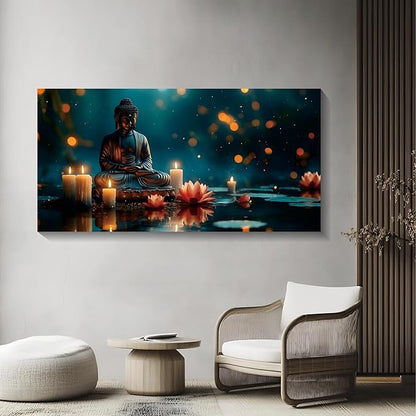 Iallbin Buddha Wall Art & Zen Wall Decor, White Lotus on Water Canvas Painting - for Yoga Meditation Room, Spa & Bathroom, Blue Art Deco Style, 48x24 Inches