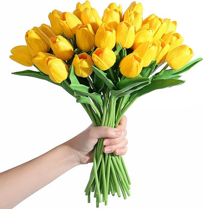 SITUMEIZI 15pcs Yellow Tulips Fake Artificial Flowers Real Touch 14" Silk Flower for Home Kitchen Decor Spring Easter Wedding Bouquet Decorations Office Floral Arrangements