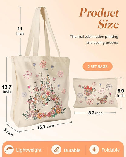 2 Pack Canvas Tote Bag - with Makeup Pouch Aesthetic Cute Women Reusable Canvas Bag for Shopping, Work, Travel