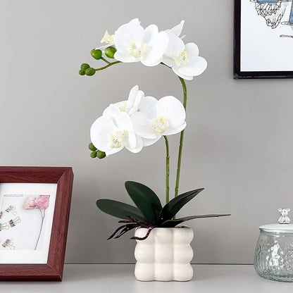 Artificial White Orchid Flower Plant, 14 inches Tall, Home Decor Orchid Artificial Flowers (White-1)