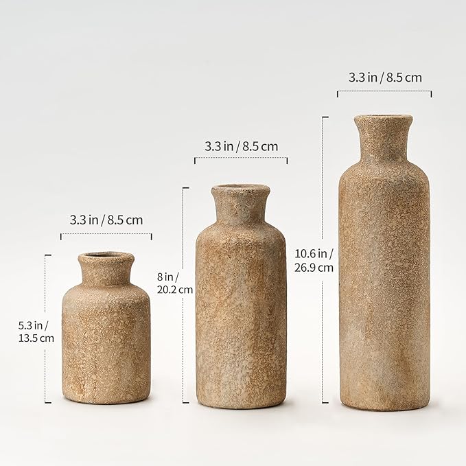 LUKA Ceramic Rustic Farmhouse Vase Set of 3,Terracotta Vases for Decor,Antique Vase for Your Bedroom,Office,Living Room,Fireplace,Bookshelf Decor,Housewarming (10+7.5+5 Inch)