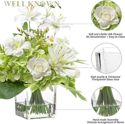 Artificial Flowers in Vase with Fake Water, 12.5" Realistic Silk Rose Peony Lily Faux Floral Arrangements with Glass Vase for Office Home Dinning Table Birthday Party Wedding Decor - White & Green