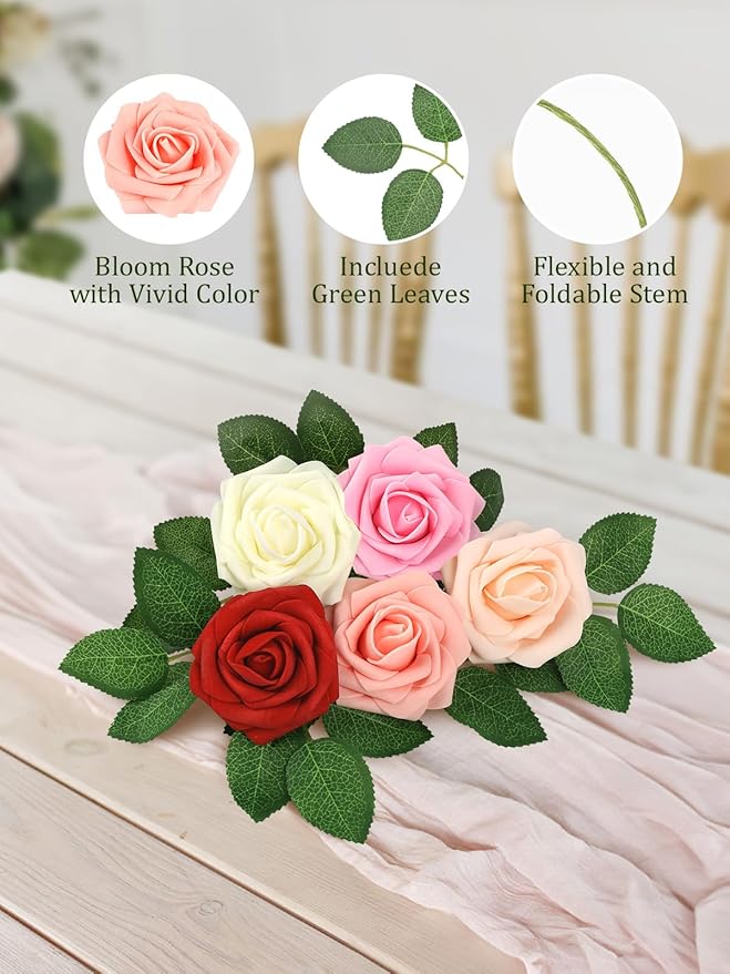 MACTING Artificial Rose Flowers 30PCS Fake Flowers with Stem Real Touch Soft Foam Rose for Valentines Day Gifts Wedding Bouquet Baby Shower Table Centerpieces Spring Decorations,Gradual Red Series