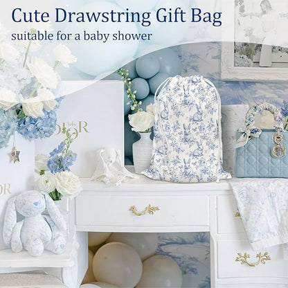 DSHFG Light Blue Chinoiserie Birthday Drawstring Gift Wrap Bags, Chinoiserie Bunny Baby Shower Drawstring Gift Bags Canvas, Blue and White Small Happy Birthday Bag, Bunny Gifts, 10x13 Inch