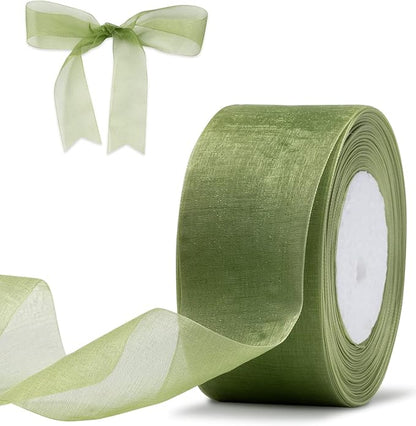 Sage Green Organza Ribbon for Gift Wrapping, FAKILO 2 Inch Shimmer Sheer Wrapping Ribbon for Bouquet, Wedding, Christmas Gift - 50 Yards Each Roll