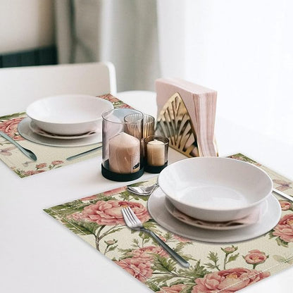 Pink Flowers Placemats Set of 6, 17x12 Inch Rustic Farmhouse Romantic Spring Floral Blossom Butterfly Table Mats for Home Party Kitchen Dining Decor