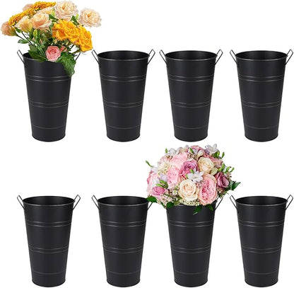 Set of 8 12.8inch Black Rustic Vase, Galvanized Buckets for Party, Metal Flower Vase, Flower Holder, Bloom Bar Supplies, Floral Buckets (Black, 12.8inch Height, 8pcs)