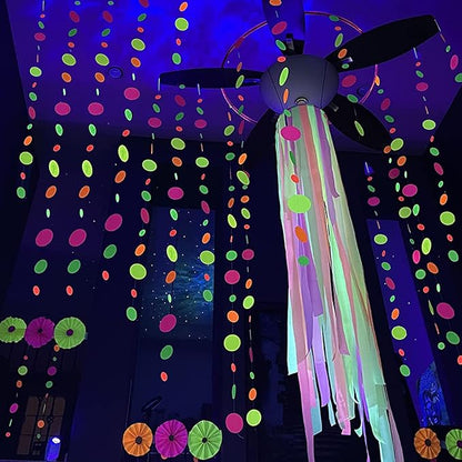 110feet UV Round Dot Paper Neon Garland Streamers Black Light Neon Decorations for Dark Glow Party UV Reactive Glow in The Dark Party Supplies Wedding Birthday Banner Decoration