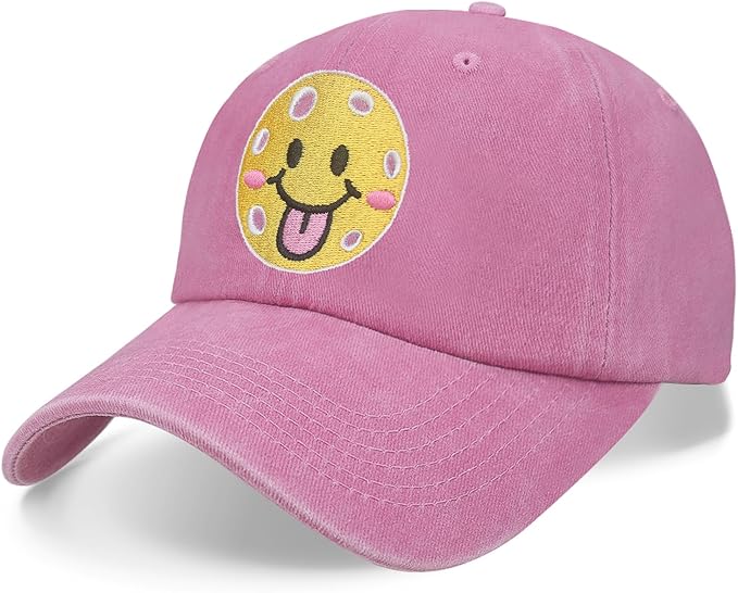 Pickleball Hat for Women Men, Adjustable Embroidered Cotton Smiley Face Washed and Distressed Baseball Cap Pink