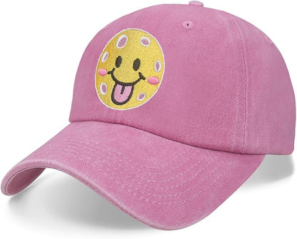 Pickleball Hat for Women Men, Adjustable Embroidered Cotton Smiley Face Washed and Distressed Baseball Cap Pink