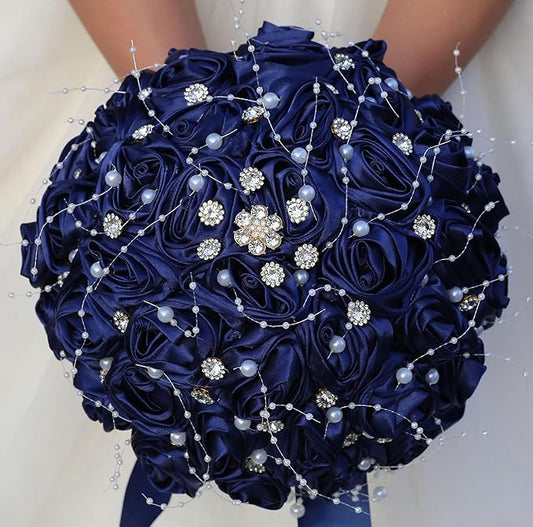 Bridal Wedding Bouquet Round Bling Brooch Bouquet Throw Toss Artificial Rose Flower Bunch for Bride Bridesmaid Wedding Quinceanera(Navy Blue, 6.3")