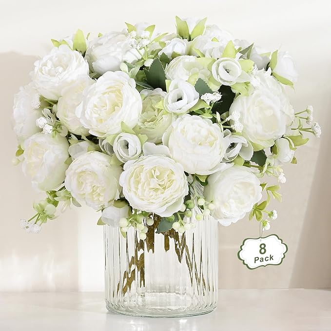 MARTINE MALL 8 Packs Peonies Artificial Flowers, White Artificial Peonies, Silk Peonies Flowers Fake Peonies Artificial Flowers Peonies Bouquet for Centerpiece Table Wedding Party Home Decor