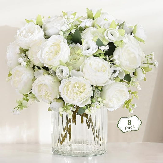 MARTINE MALL 8 Packs Peonies Artificial Flowers, White Artificial Peonies, Silk Peonies Flowers Fake Peonies Artificial Flowers Peonies Bouquet for Centerpiece Table Wedding Party Home Decor