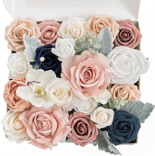 TINGE TIME Artificial Flowers Combo Mix Silk Flowers Pink Roses w/stem for DIY Wedding Bridal Bouquets Baby Shower Floral Arrangement Table Centerpieces Home Decorations (Navy Blue & Dusty Rose)