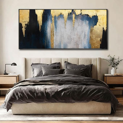 Modern Abstract Blue and Gold Framed Wall Art 32x70 Extra Large Canvas Painting Contemporary Artwork for Living Room Office Decoration