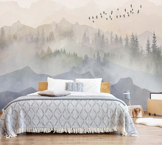 Foggy Forest Wallpaper Mural Bird Mountain Woodland Wall Murals for Bedroom Living Room (Not self-Adhesive)