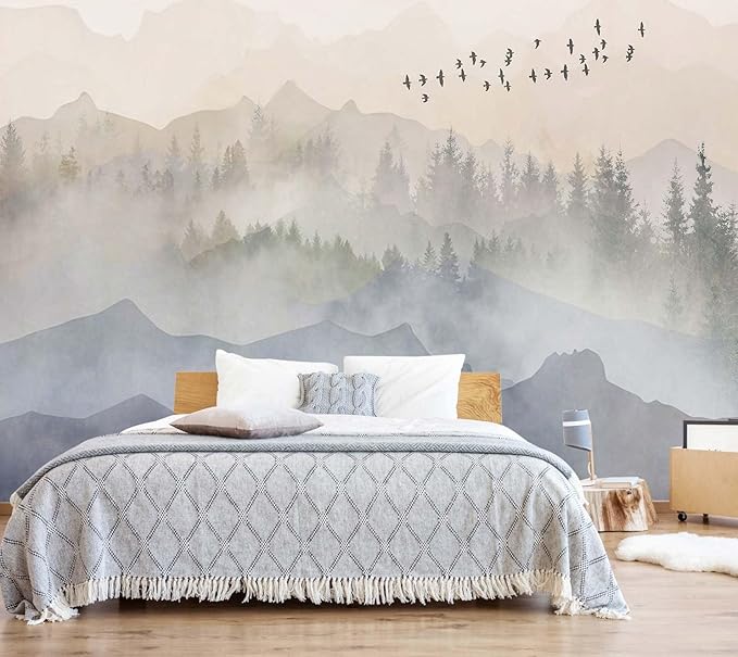 Foggy Forest Wallpaper Mural Bird Mountain Woodland Wall Murals for Bedroom Living Room (Not self-Adhesive)