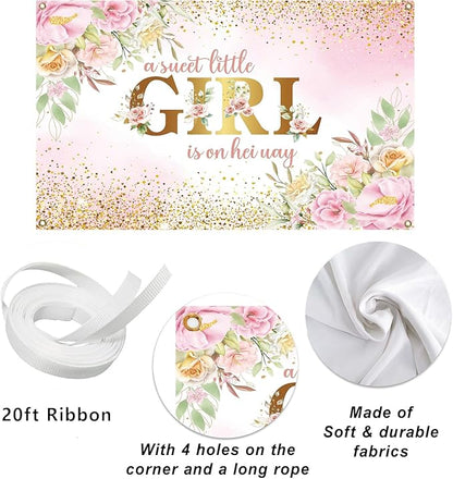 7x5ft Baby Shower Backdrop for Girl, A Sweet Little Girl is on Her Way Pink Floral Background Banner, Gold Glitter Backdrop for Newborn Party, Gender Reveal Celebration Photo Booth Decor