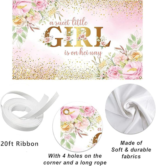 7x5ft Baby Shower Backdrop for Girl, A Sweet Little Girl is on Her Way Pink Floral Background Banner, Gold Glitter Backdrop for Newborn Party, Gender Reveal Celebration Photo Booth Decor