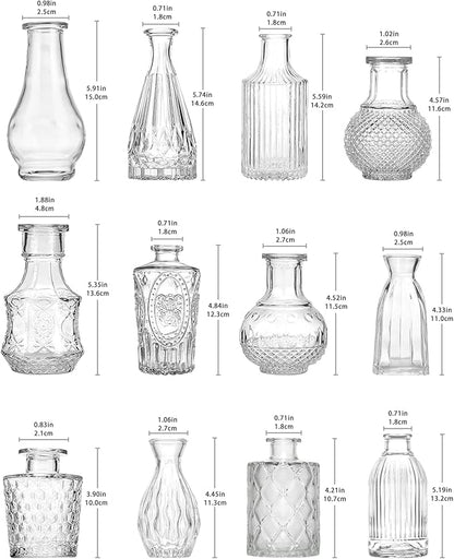 Glass Bud Vases Set of 12, Vintage Small Vases for Flowers, Clear Crystal Mini Glasses in Bulk, Small Flower Design for Centerpieces Wedding Decorations Home Flower Party Decor