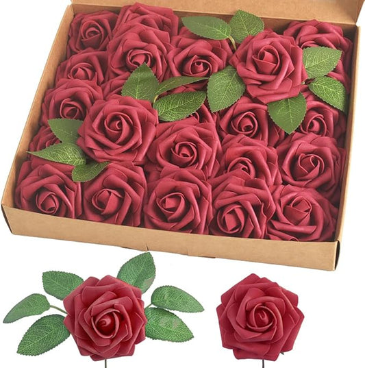 homEdge Artificial Rose, 25pcs Foam Artificial Flowers with Stem for Home Decorations, Wedding Bouquets, Party, Certerpieces, Anniversaries-Burgundy