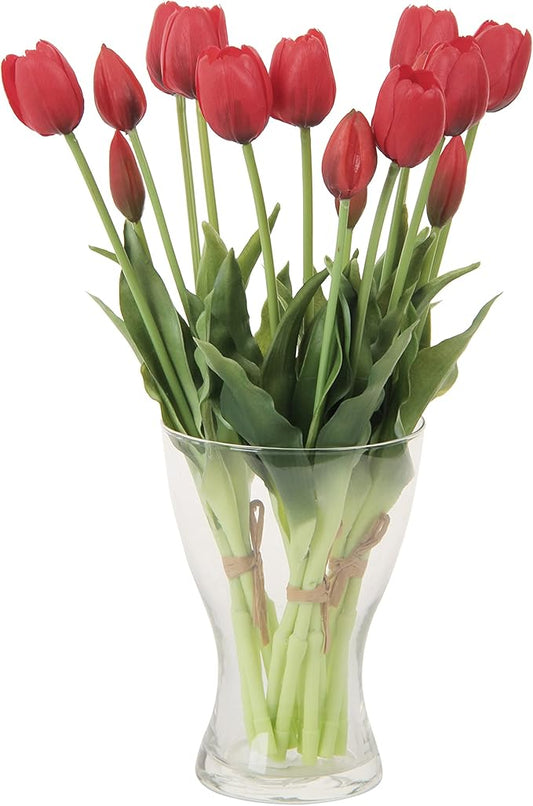 20pcs Artificial Tulip Flowers,16 Inch Real Touch Tulip Stems with Faux Leaves, Faux Tulips and Buds for Home Décor Centerpiece Ornament Wedding Bouquet,Red