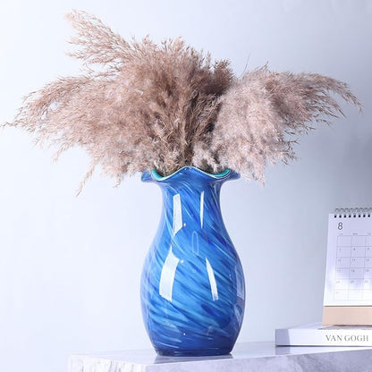 10.6in Hand Blown Blue Glass Vase – Wide Mouth Murano Bubble Art Glass Vase, Cobalt Blue Flower Vase for Coastal, Vintage, Colorful Home Decor, Vase Gift for Mom or Display (Blue)