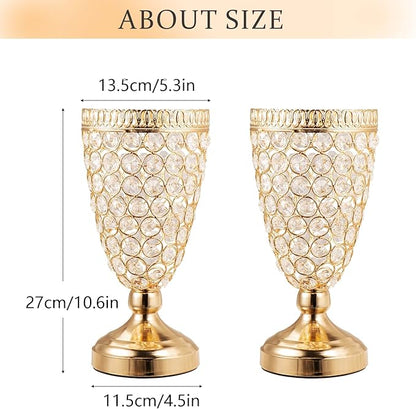 Gold Crystal Trumpet Floral Vase -2 Pcs Centerpieces for Wedding Table, 10.6" Wrought Iron Crystal Vase, Flower Vases for Party Dinner Centerpiece Event, Anniversary Ceremony Birthday Home Decoration