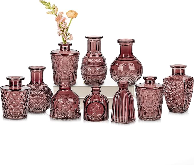 Glass Bud Vases Set of 10, Small Flower Vase in Bulk for Centerpieces, Mini Vintage Wine Red Vases for Rustic Wedding Vintage Home Table Decor