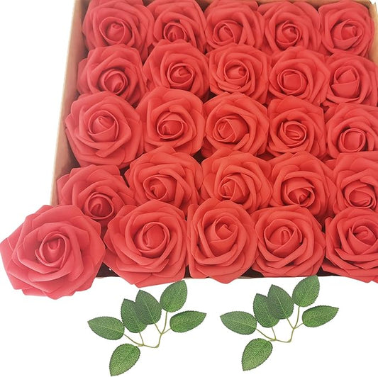 Artificial Flowers 25pcs Fake Roses, Red Foam Rose Faux Flower for DIY Wedding Bouquets Bridal Shower Centerpieces Floral Arrangements Home Decorations Party Backdrops Table