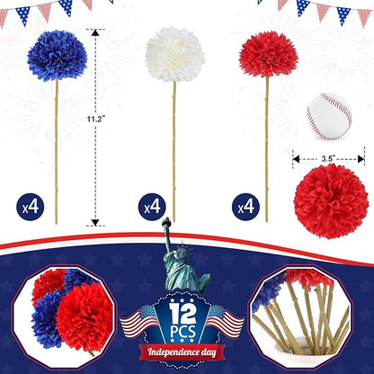12 Pcs Artificial Chrysanthemums Flowers Patriotic Flowers 4th of July Fake Mums Flowers Silk Red White Blue Flower for Home Decor Indoor Memorial Day Table Centerpiece (12, Red White Blue)