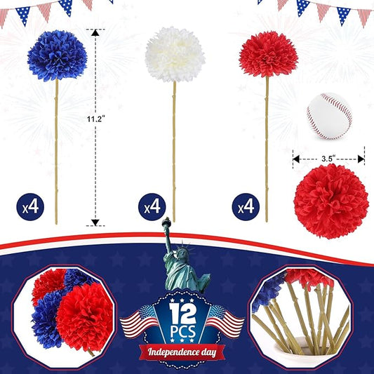 12 Pcs Artificial Chrysanthemums Flowers Patriotic Flowers 4th of July Fake Mums Flowers Silk Red White Blue Flower for Home Decor Indoor Memorial Day Table Centerpiece (12, Red White Blue)