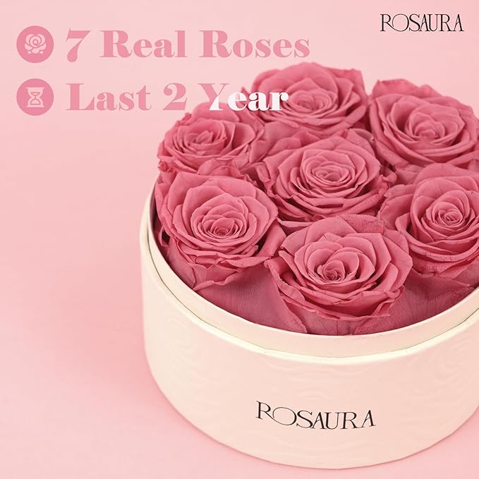 Rosaura Round Preserved Roses Gift Box - Real Forever Flowers for Christmas, Birthday, Valentine's & Mother's Day (Pink, 7 Roses)