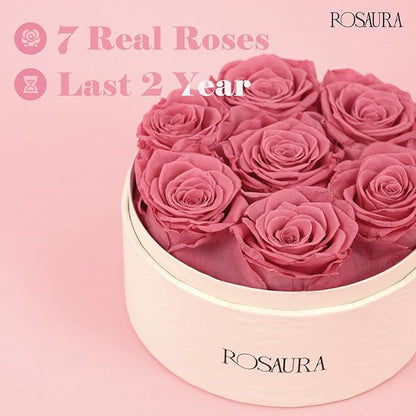 Rosaura Round Preserved Roses Gift Box - Real Forever Flowers for Christmas, Birthday, Valentine's & Mother's Day (Pink, 7 Roses)