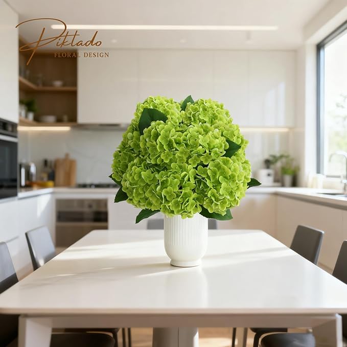 A Bunch 20in， Real Touch Hydrangea Artificial Flowers， with 5pcs Flower Head 8pcs Leaves， Faux Hydrangea Flowers for Home Office Decor Wedding Party Arrangements (1, Green)