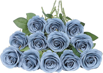 Artificial Rose Flower Artificial Flowers Flower with Long Stem Silk Roses Bouquet for Wedding Bridal Shower Party Home Decoration (Dusty Blue, 50 Pcs)