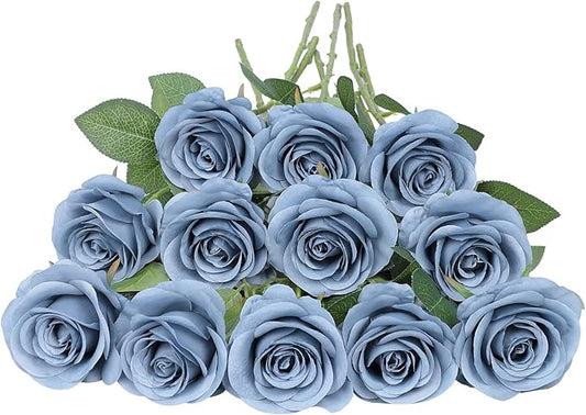 Artificial Rose Flower Artificial Flowers Flower with Long Stem Silk Roses Bouquet for Wedding Bridal Shower Party Home Decoration (Dusty Blue, 50 Pcs)