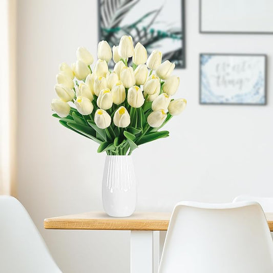 Sggvecsy 30 Pcs Fake Tulips Artificial Flowers Real Touch PU Faux Flowers Tulip Stems for Wedding Spring Bouquet Floral Arrangement Home Party Office Decorations for Mother's Day (Milk White)