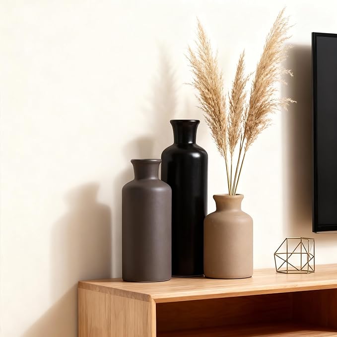 Ceramic Vase Set of 3 - Modern Neutral Decorative Vases for Home Decor, Rustic Farmhouse Boho Vases for Living Room, Mantel, Dining Table, Bookshelf, Kitchen or Entryway Decoration