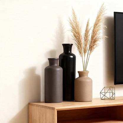 Ceramic Vase Set of 3 - Modern Neutral Decorative Vases for Home Decor, Rustic Farmhouse Boho Vases for Living Room, Mantel, Dining Table, Bookshelf, Kitchen or Entryway Decoration