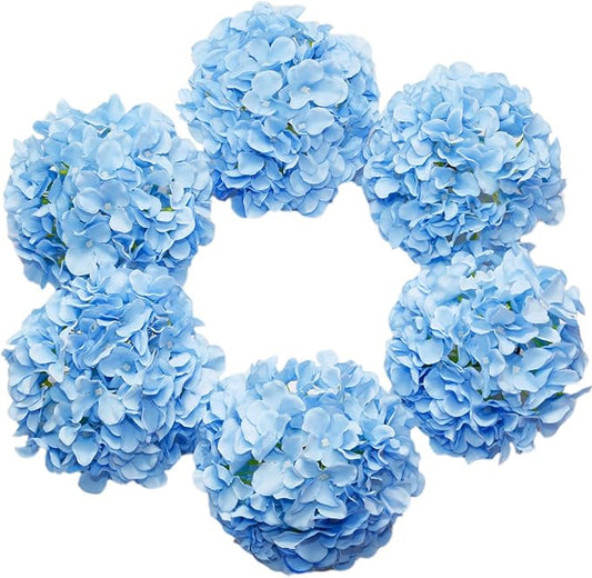 DuHouse Artificial Hydrangea Silk Flower Heads with Stem Fake Blue Hydrangea Bigger Flowers for Wedding Home Garden Centerpiece Pack of 6