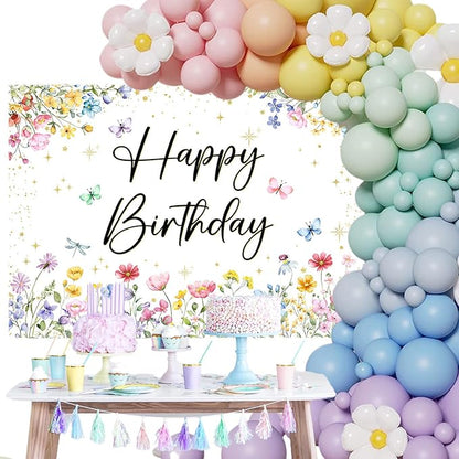 Mocsicka Wildflower Birthday Backdrop Decorations Girls Spring Garden Floral Photo Background Butterfly Wildflower Birthday Party Decorations