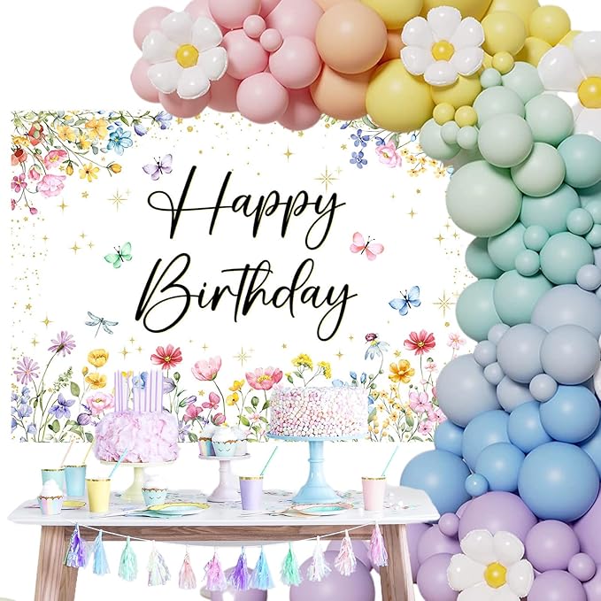 Mocsicka Wildflower Birthday Backdrop Girls Floral Wildflower Birthday Decorations Spring Garden Butterfly Flower First Birthday Banner Background Decorations (7x5ft (82x60 inch))