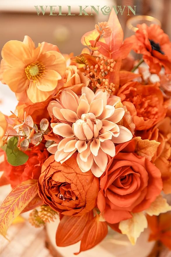 Artificial Flowers in Vase, Silk Rose Peony Dahlia Flower Bouquet Table Centerpieces with Faux Water for Winter Home Decor Fake Flowers Arrangement for Wedding Birthday Party Decor (Orange & Earth)