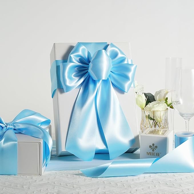 MEEDEE Blue Satin 3 Inch Ribbon Lux Double Faced Satin Ribbon by 10 Yards Light Blue Wide Ribbons for Baby Shower, Baby Blue Ribbons for Christmas Tree, Crafts, Flower Bouquet, Wedding