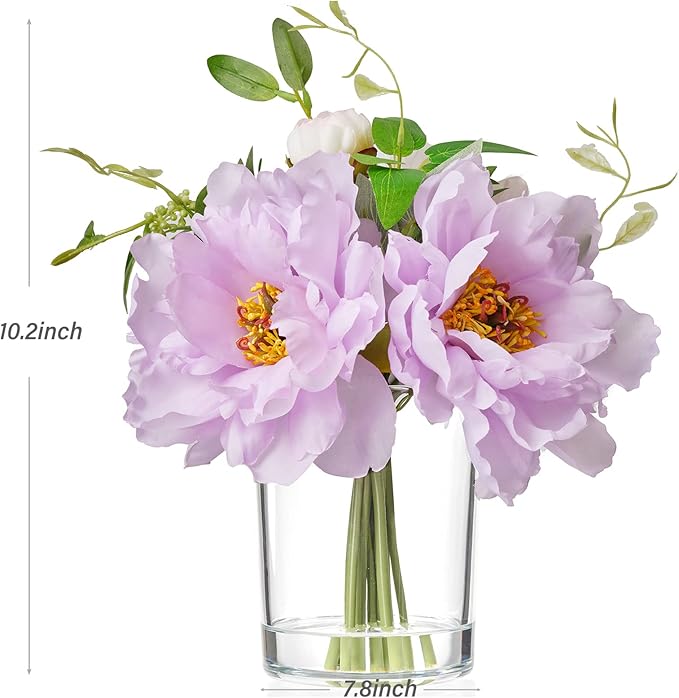 WELL KNOWN Silk Peony Artificial Flowers with Vase，Silk Fake Flower Bouquets in Vase with Fake Water Flower Arrangements for Table Centerpieces Home Office Hotel Wedding Party Decor & Gift (Purple)