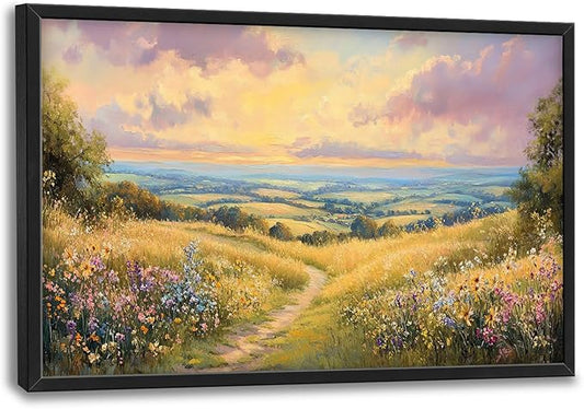 Framed Large Landscape Wall Art for Living Room, Oversized Farmhouse Countryside Nature Wall Decor Wildflower Field Canvas Painting Floral Pictures Modern Artwork for Bedroom Office 36"x24"